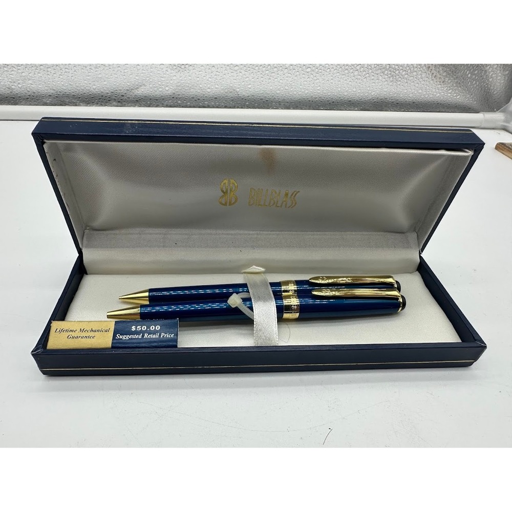 Bill Blass Manhattan Pen and Pencil Set Blue Gold Tone Vintage 231-2 Boxed